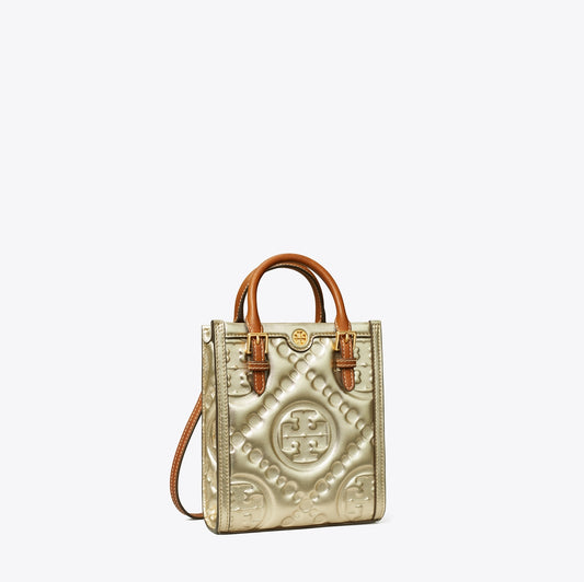 T Monogram Embossed Metallic Mini Tote