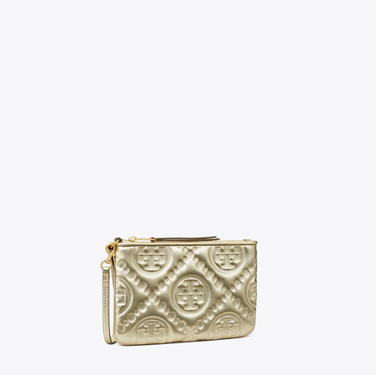 T Monogram Embossed Metallic Pouch